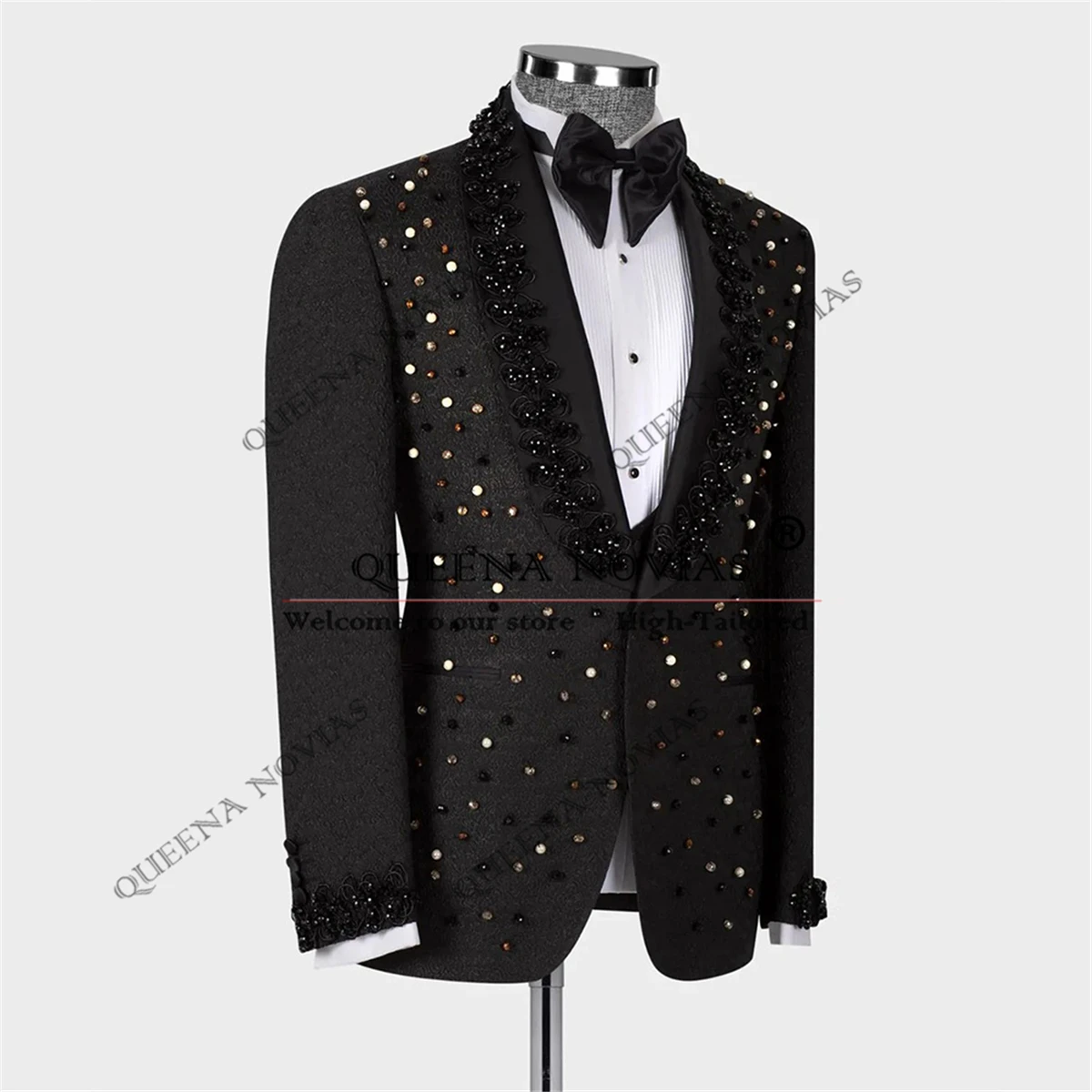 

Exquisite Wedding Suits For Men Crystals Beaded Floral Pattern Prom Blazers Customized 3 Pieces Man Banquet Party Groom Tuxedos