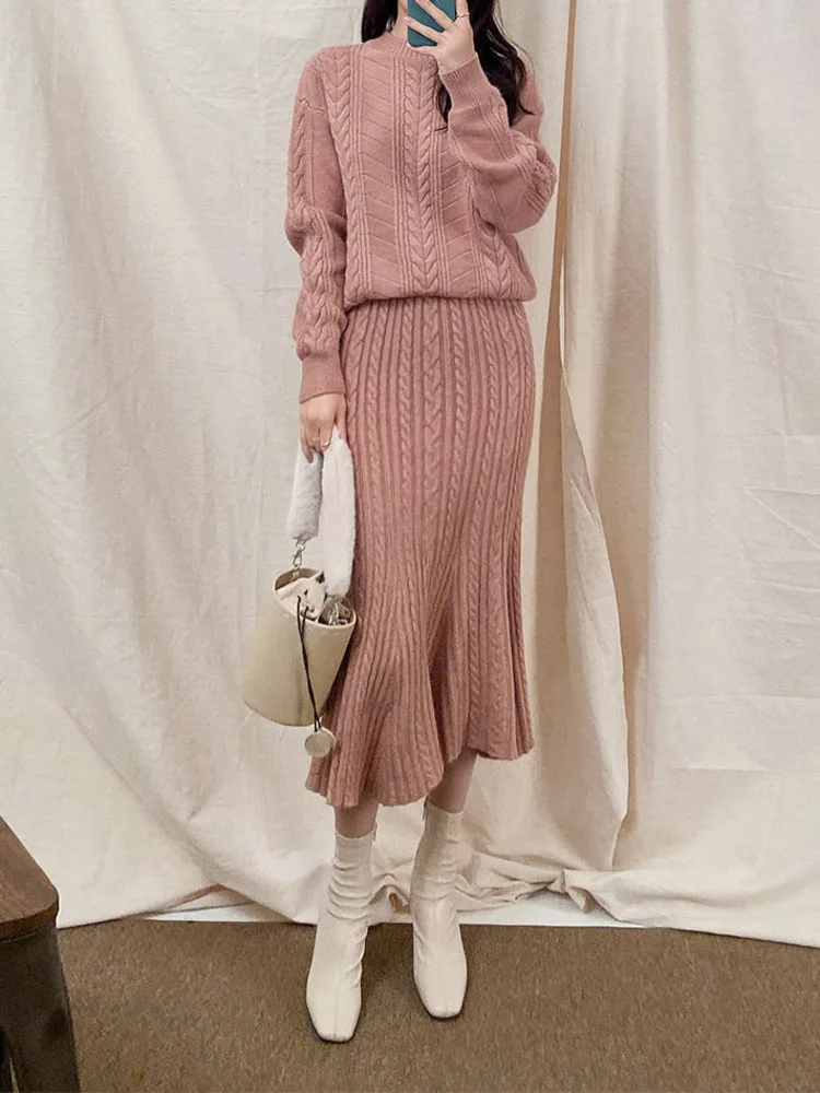 Autumn Winter High Quality Long Sleeve Knitted Loose Pullover Sweater +Women High Waist A Line Skirt Thicken Knitted 2 Piece Set