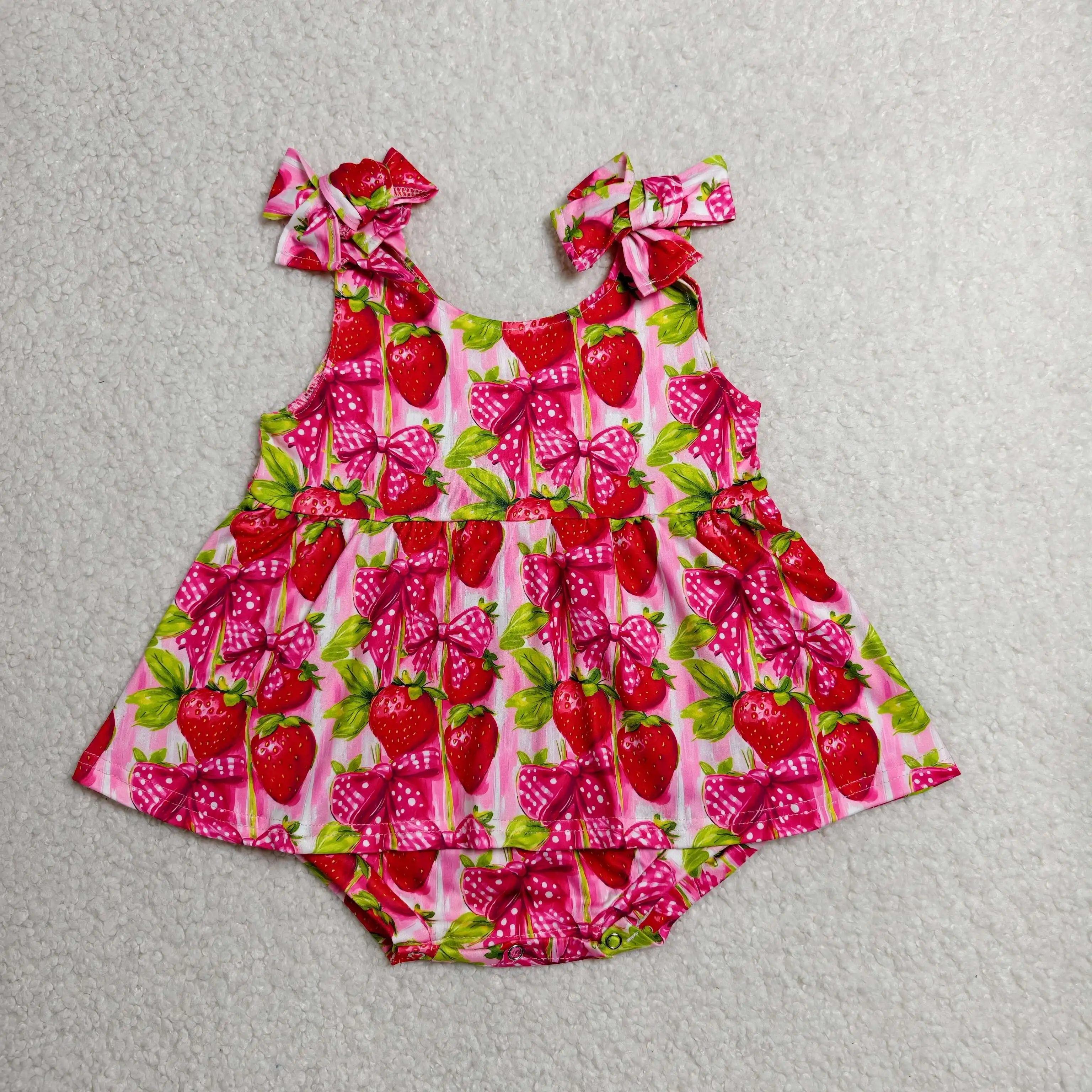 Wholesale Kid Toddler Strawberry Bows Bubble Romper Children Girls Clothes Newborn Infant Coverall Baby Girl Summer Bodysuit