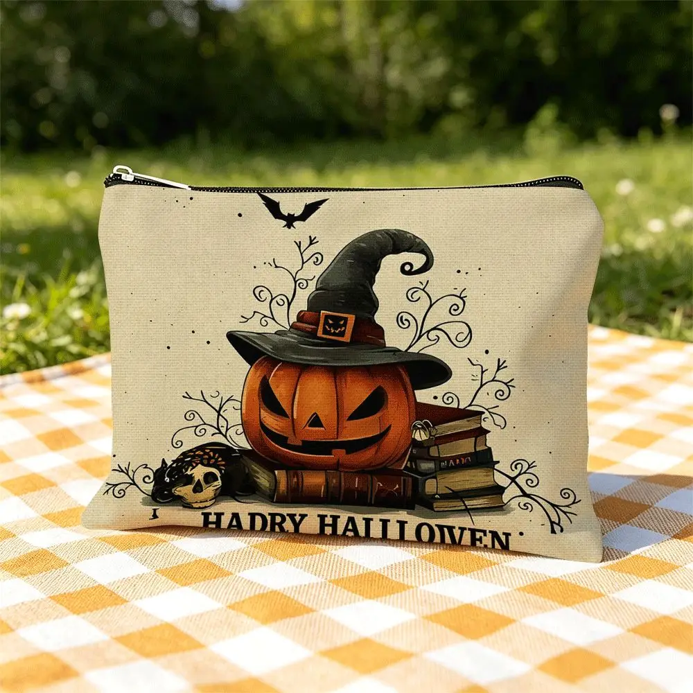 Halloween Themed Portable Makeup Bag Halloween Pumpkin Pattern Design Zipper Closure Student Stationery Pouch Cosmetic Storage