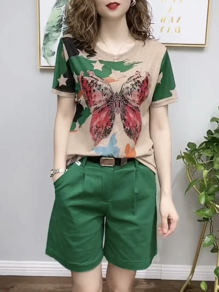 

2025 summer new style western-style fashion age reducing butterfly print top with leisure comfort shorts two-piece set