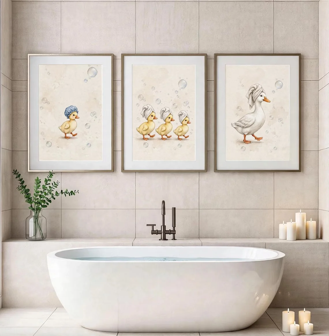 Goose Bathroom Wall Art Set of 3, Vintage Duckling Family Prints, Whimsical Farmhouse Bath Decor, Cottage core Spa printabl,