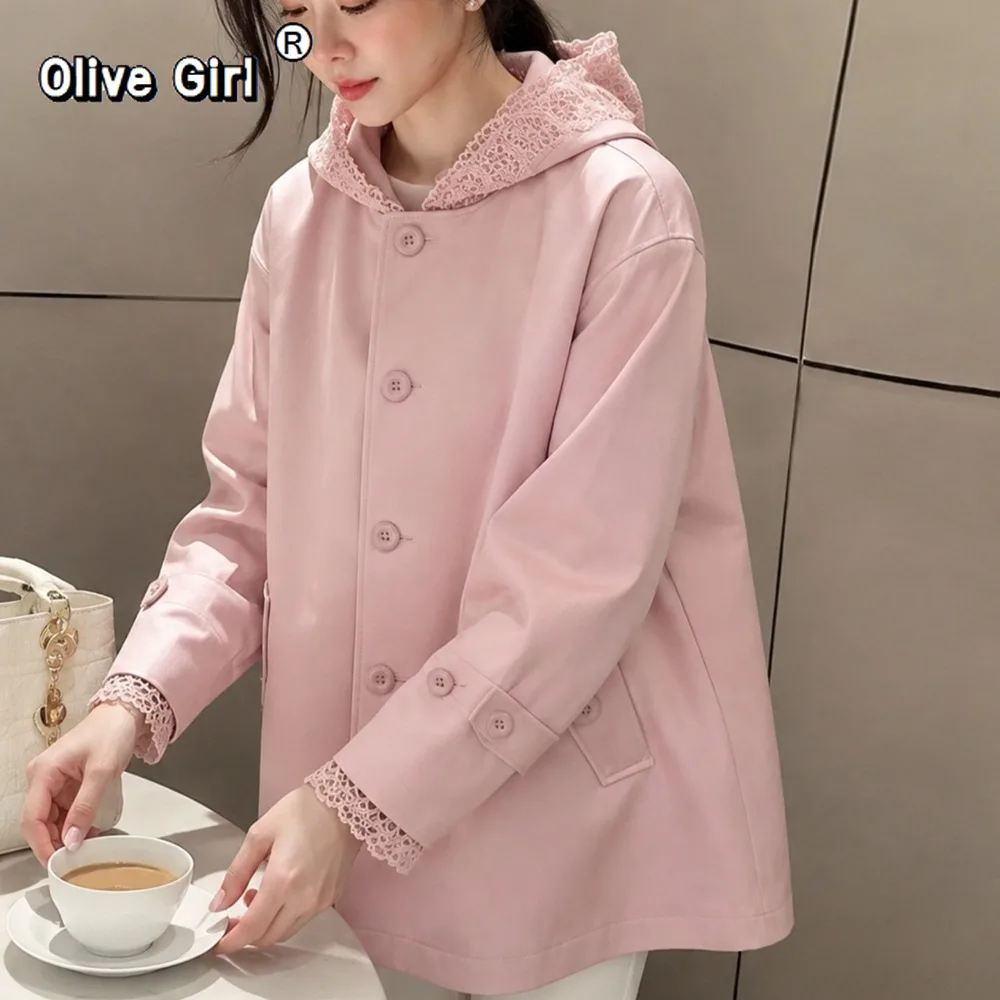 Olivegirl Retro Pink Trench Women's Coat 2026 Girl Outwear Hooded Windbreaker Lace Trim Elegant Sweet Beautiful Top Clothing