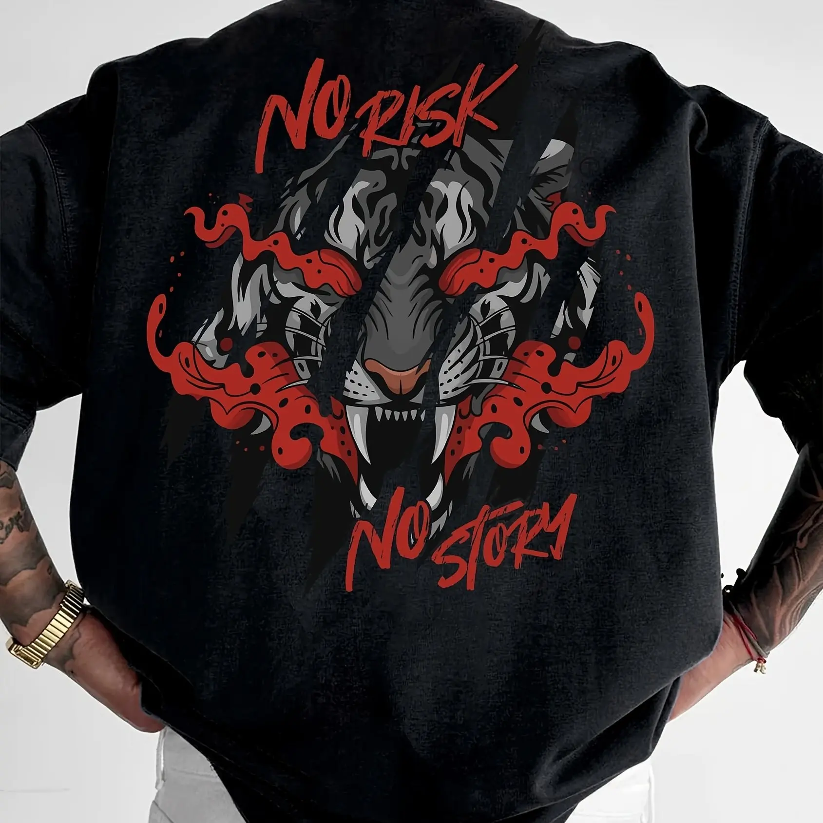 'No Risk, No Story' Men's Fashionable Printed Street Casual T-shirt, Comfortable Round Neck T-shirt for Spring and Summer Tops.