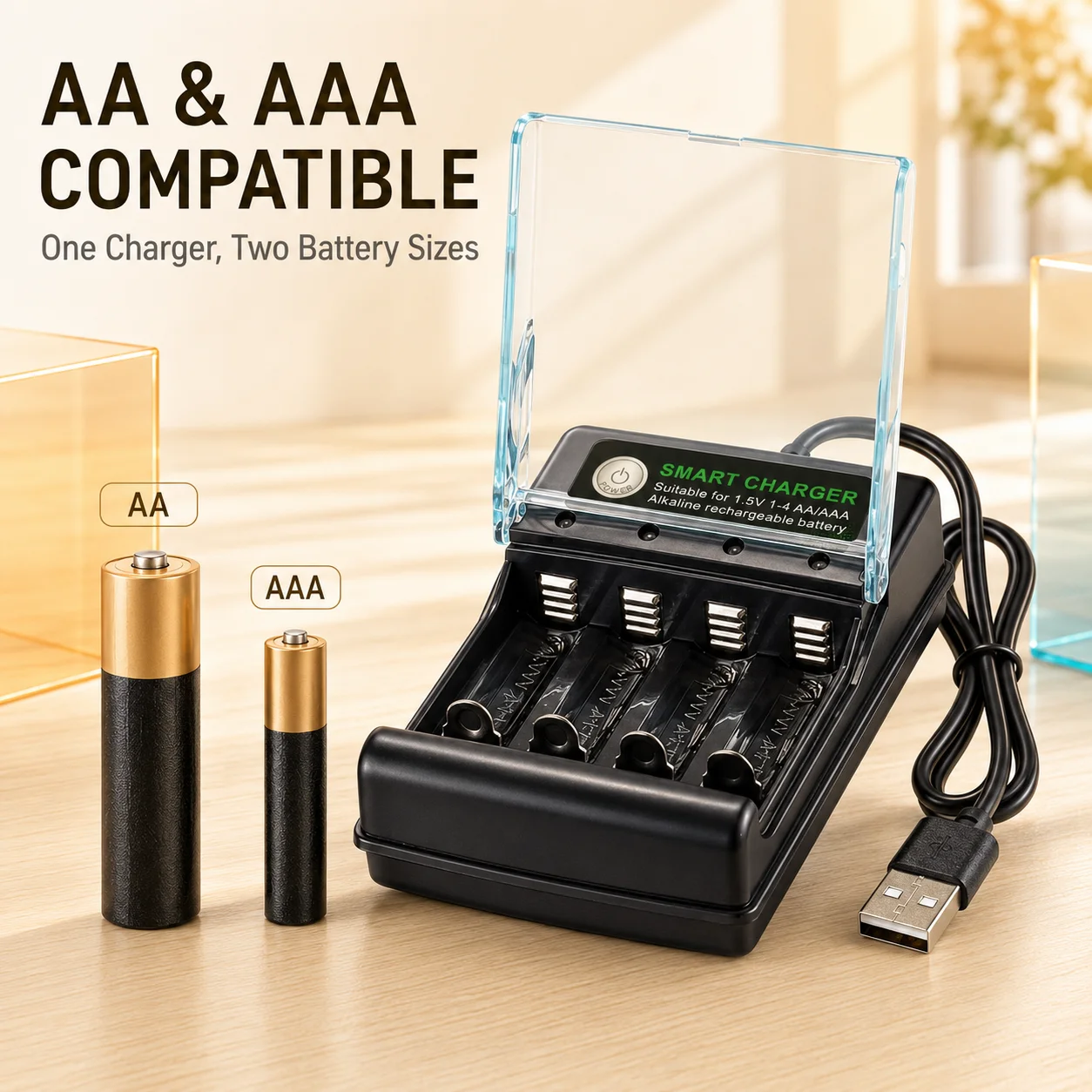 1.5V USB 4 Slots Charger Independent Charging AA Alkaline Battery Charger Smart Portable Rechargeable Battery Charger with Case