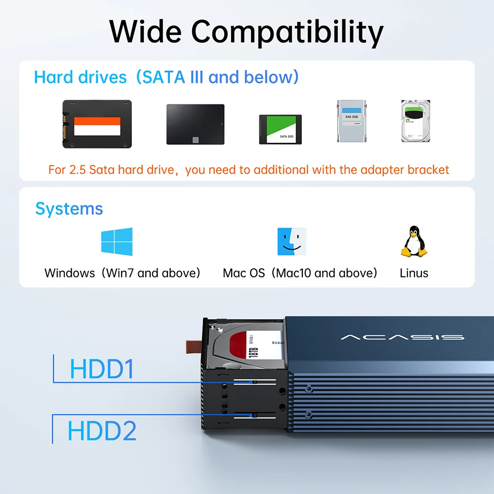 Acasis 2,5/3,5 Zoll SATA RAID Speichergehäuse Dual Bay Festplatte Dockingstation SATA ZU USB Festplattenarray mit vier RAID – Detail 7
