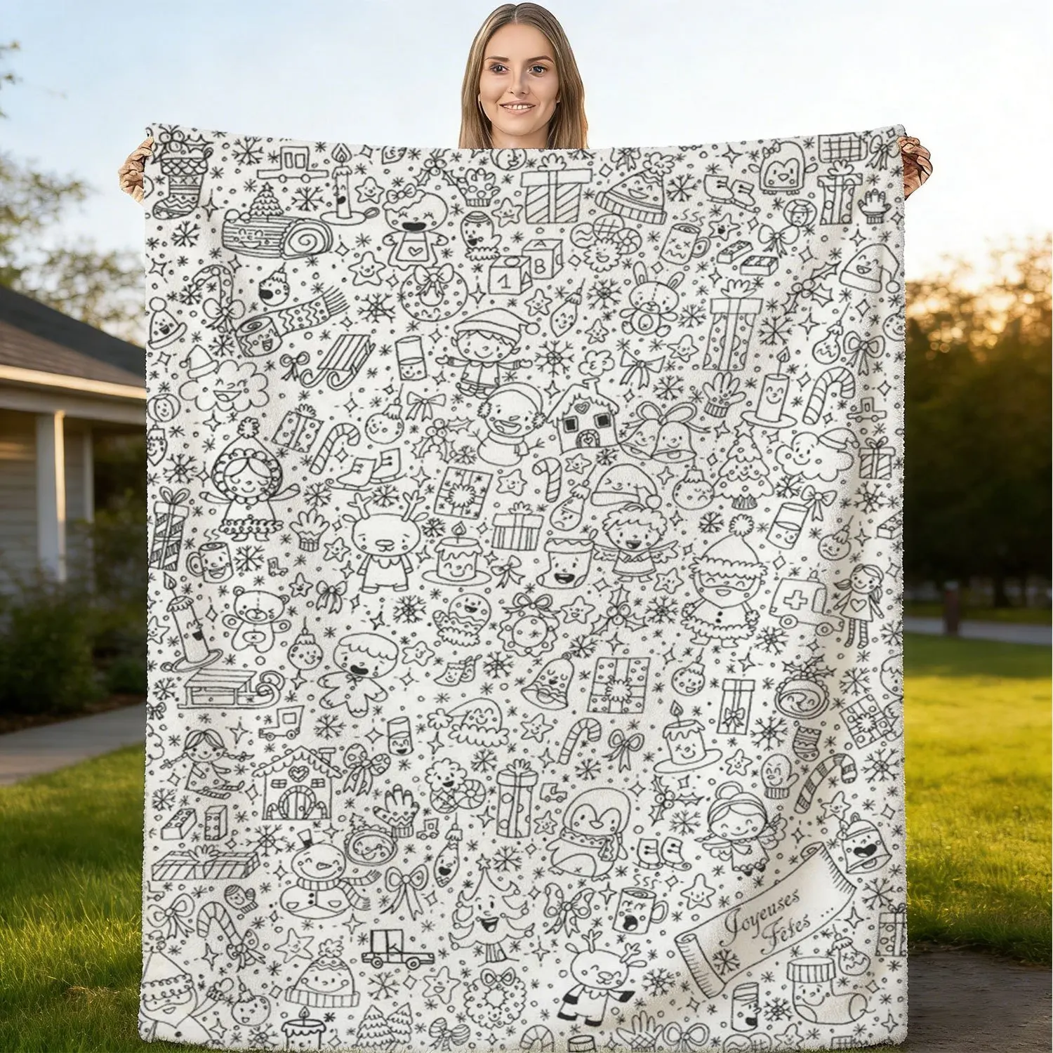 Cute Xmas Doodle Sketch Line Art Flannel Blanket, Lightweight Warm Throw Blanket for Bedroom Sofa Camping Daily Use and Holiday