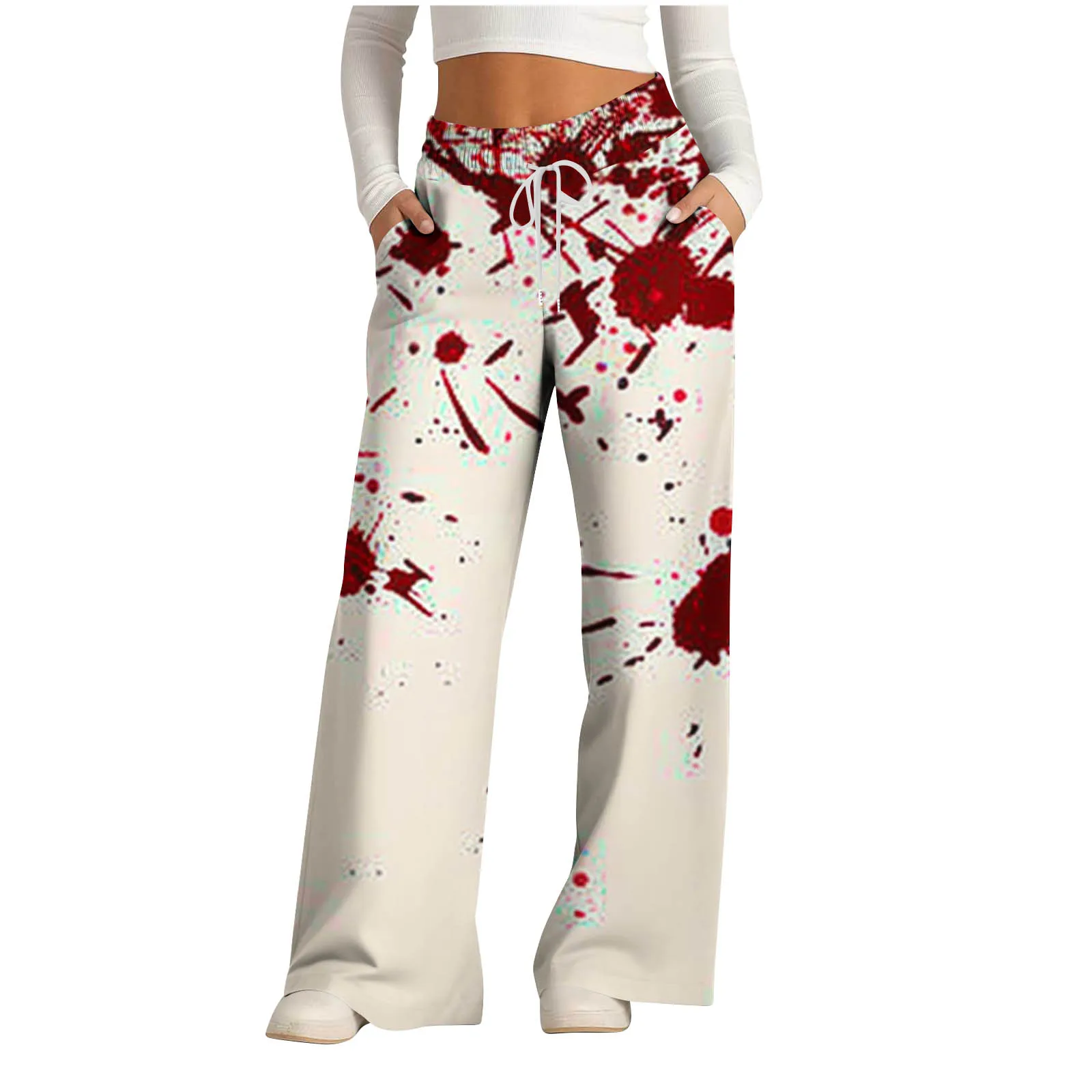 Fashion Halloween Blood Stain Print Contrast Long Pants Woman's Autumn Winter Loose Drawstring Straight Lace-up Pants For Woman