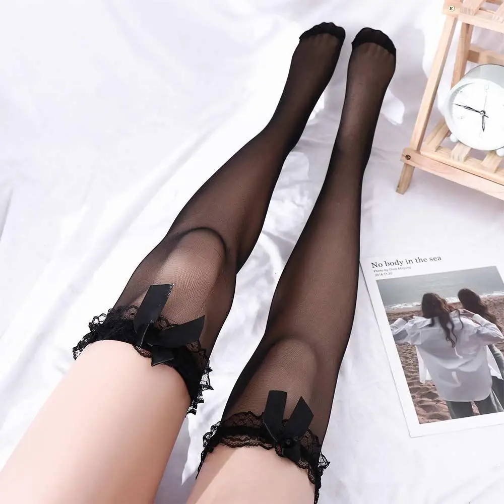 Breathable Fashion Elastic Women Korean Style Polyester Bow Stockings Hosiery High Knee Socks