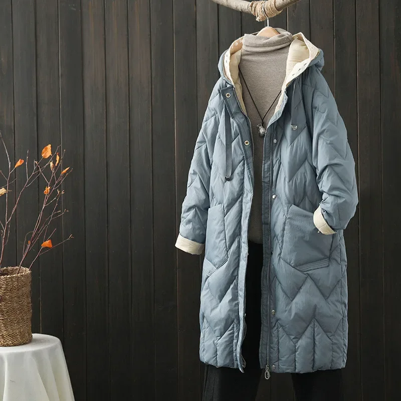 2026 Autumn Winter Warm Thick White Duck Down Jacket Parkas Women Knitted Patchwork Hooded Down Coat Female Long Puffer Outwears