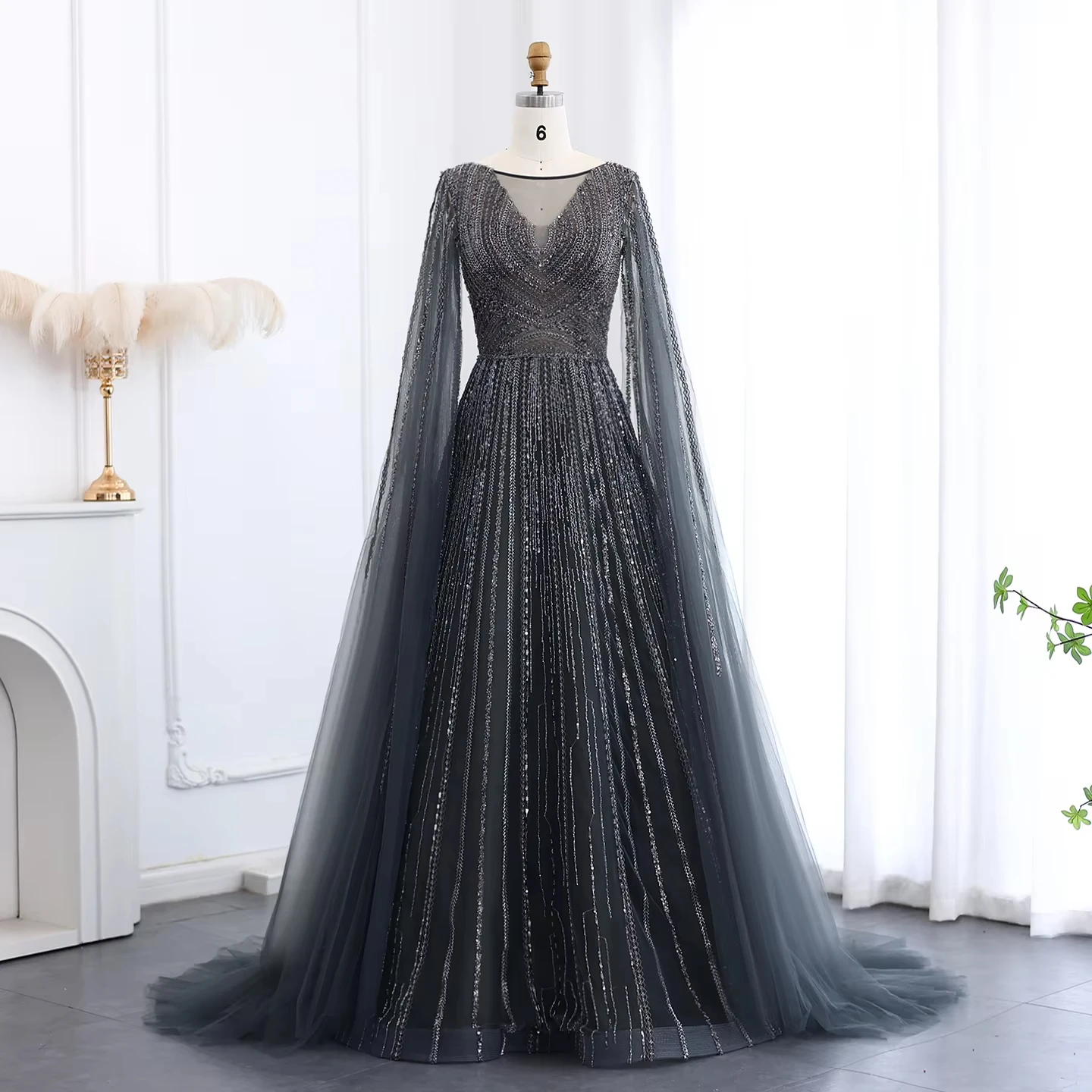 

Luxury Gray Green Arabic Plus Size Evening Dresses with Cape Sleeves Blue Pink Elegant for Women Wedding Party LSZ005