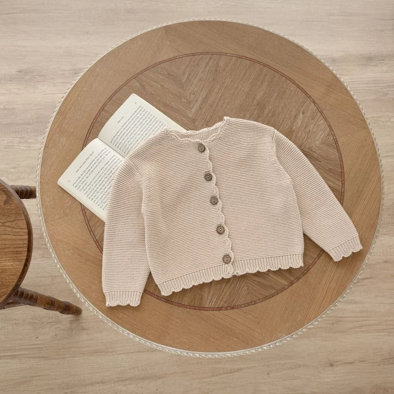 2025 Spring Versatile Boys A nd Girls Baby Round Neck Handmade Hook Edge Clean Color Knitted Long Sleeve Cardigan Coat