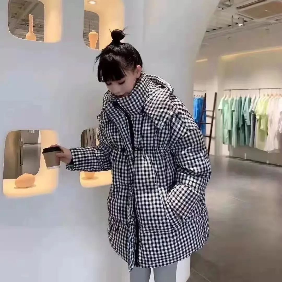 Winter New Plaid Down Cotton Jacket Women Overcoat Loose Mid-Length Student Hooded Cotton Coat Korean Contrast Thick Warm Parka