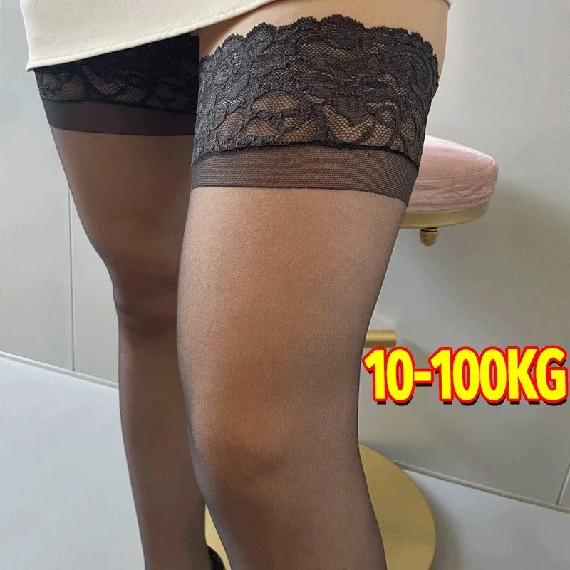 

2PCS Plus Size High Knee Stockings Hot Sale Black Sheer Socks Hollow Out Nylon Women Sexy Stocking Lace Trim Non-slip Stockings