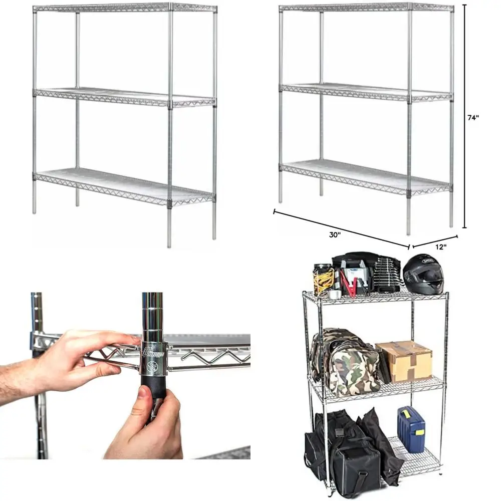 3段クロームスターターシェルフユニット、奥行き12インチ、幅30インチ、高さ74インチ、頑丈で省スペースな収納ソリューション