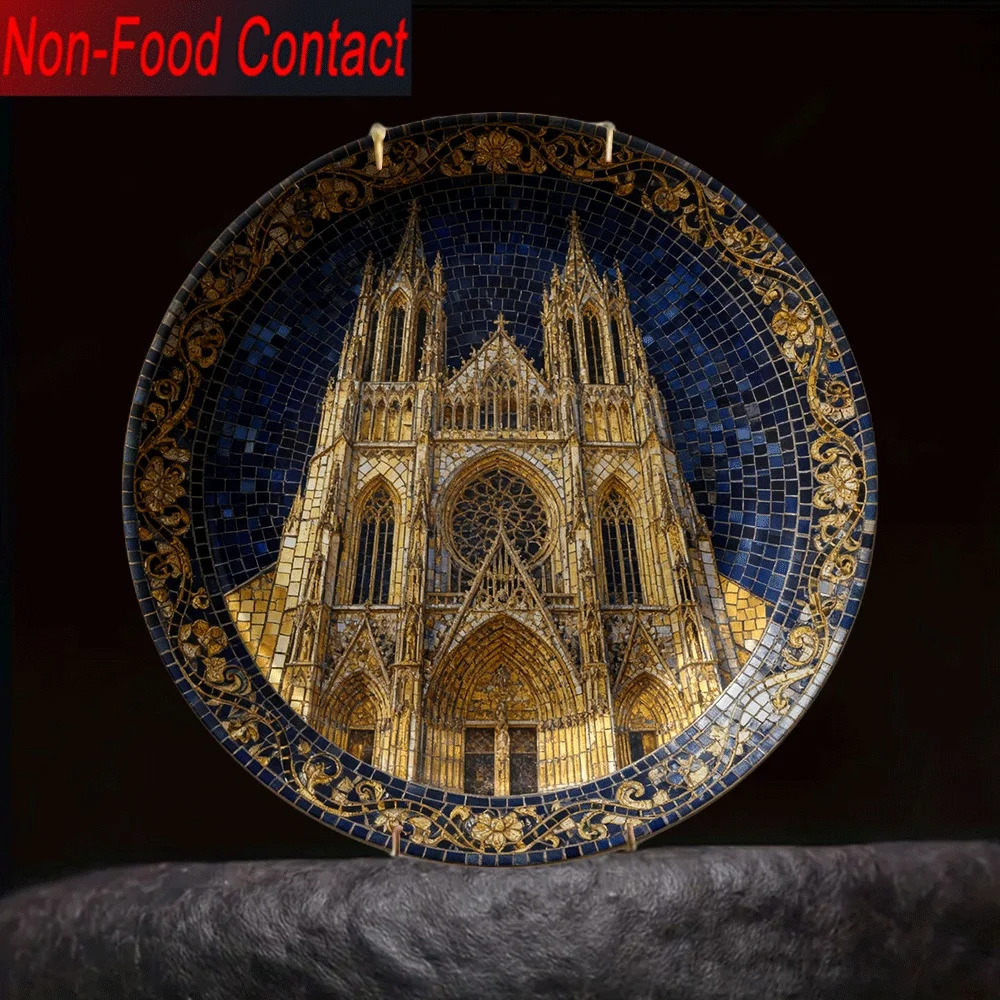 2D 1pc Gothic Cathedral Mosaic Ceramic Decorative Plate, Not for Food Contact, Purely Decorative, Home Tabletop Art Ornament