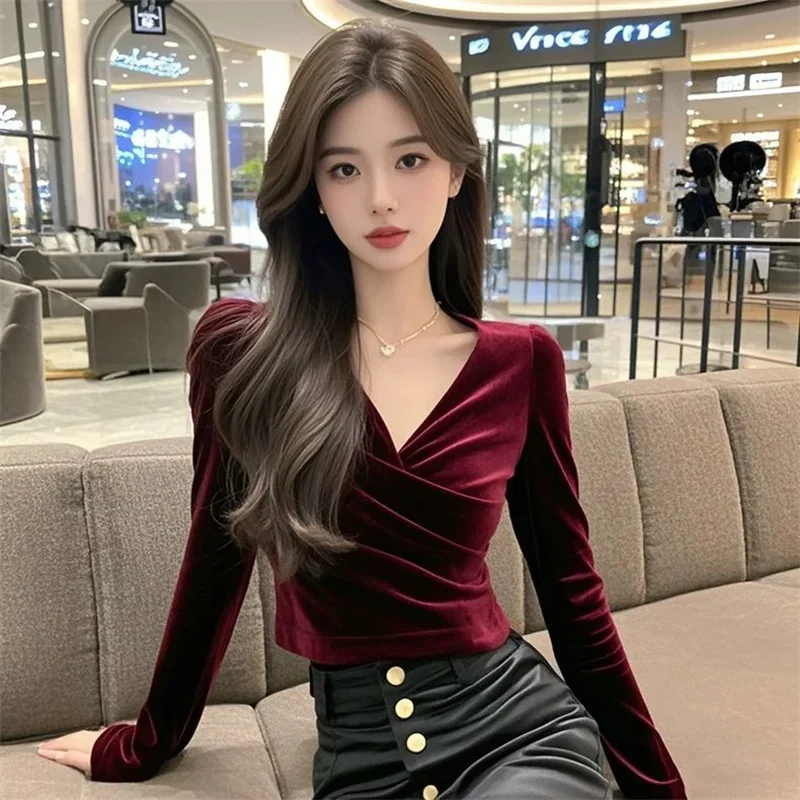 

New Luxury Elegant Velvet Blouse Women Spring Autumn Fold V-Neck Puff Sleeve Fashion Elegant Slim Shirt Office Lady Crop Tops