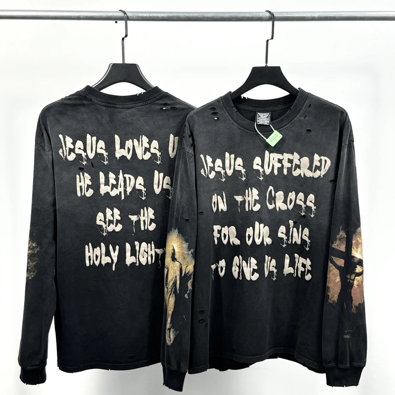 

Sleeve JESUS Print Text Pattern Hole Damaged Long Sleeve T-shirt Men Women Vintage Washed Heavy Fabric Loose Casual T Shirt