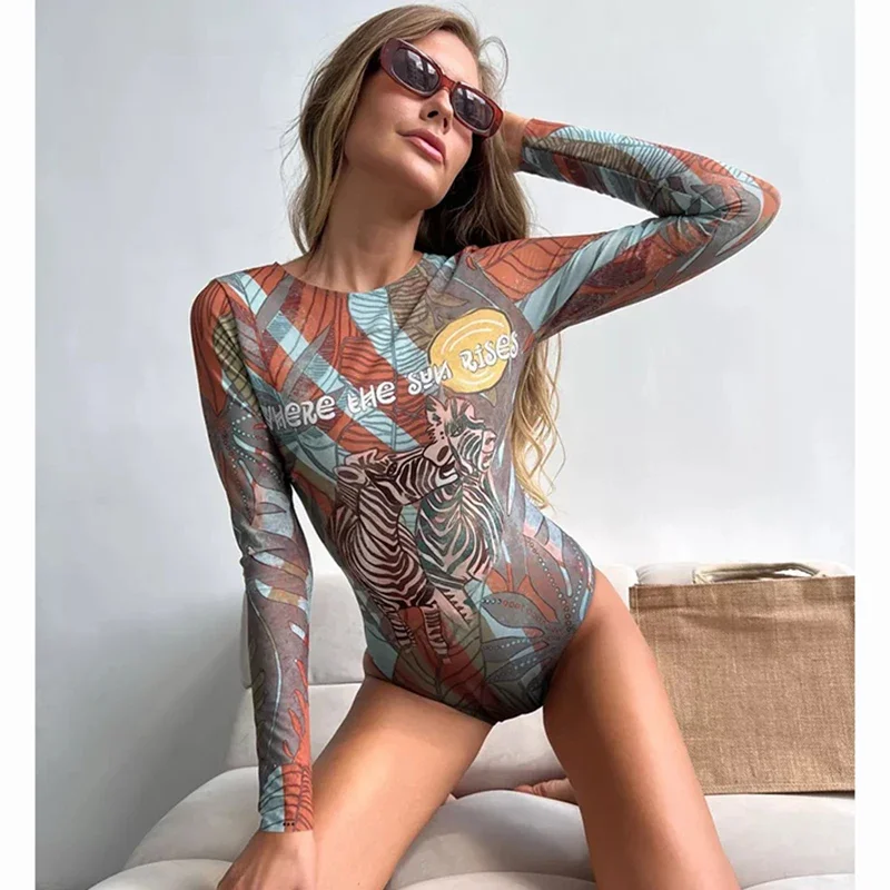 Mode maille imprimé maillot de bain pour femmes Vintage à manches longues taille haute une pièce maillot de bain 2025 nouveau maillot de bain de plage Bikini