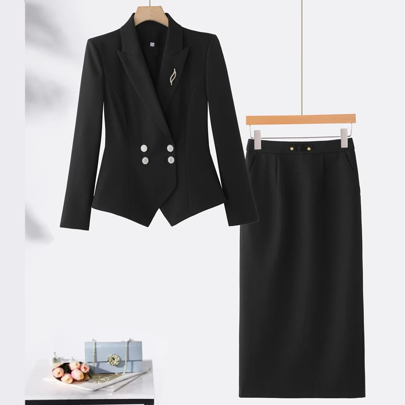 بدلة نسائية مزدوجة الصدر من NAVIU مكونة من قطعتين سترة أنيقة بأكمام طويلة وتنورة بطول ملابس عمل احترافية باللون البيج #4