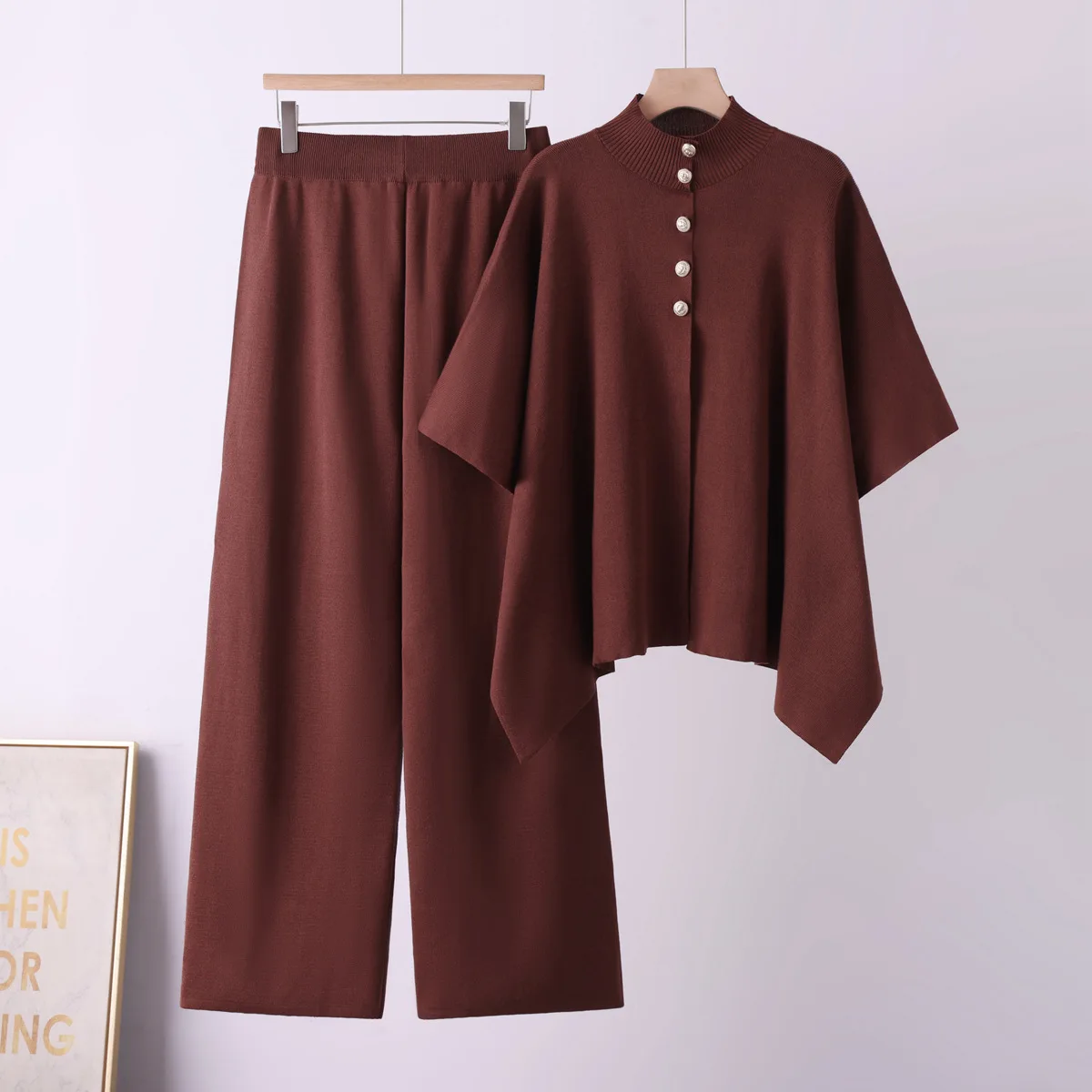 2026 New European And American Fashion Cape Button Set Solid Color Bat Sleeve Old Knitted Top Knitted Two-piece Set
