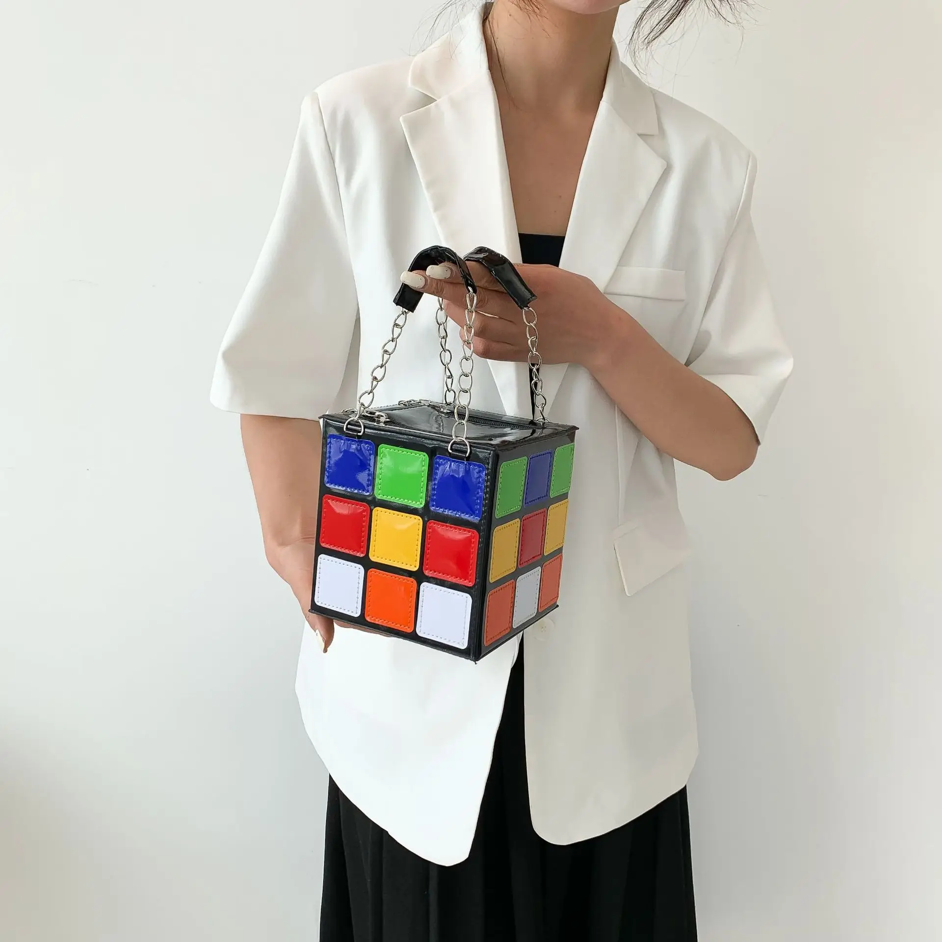 Women Chic Square Box Handbag PU Colorful Cube Clutch Bag Creative Cube Shape Clutch Purse Phone Wallet Purse with Chain Handle