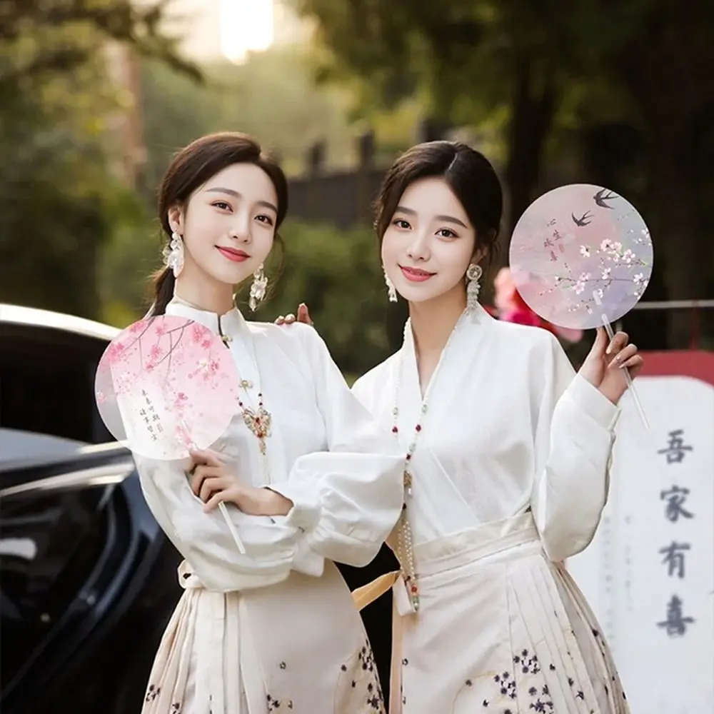 Frosted Fan Handle Ancient Long-handled Fan High-looking Color Printing Handheld Round Fan Anti-break Translucent