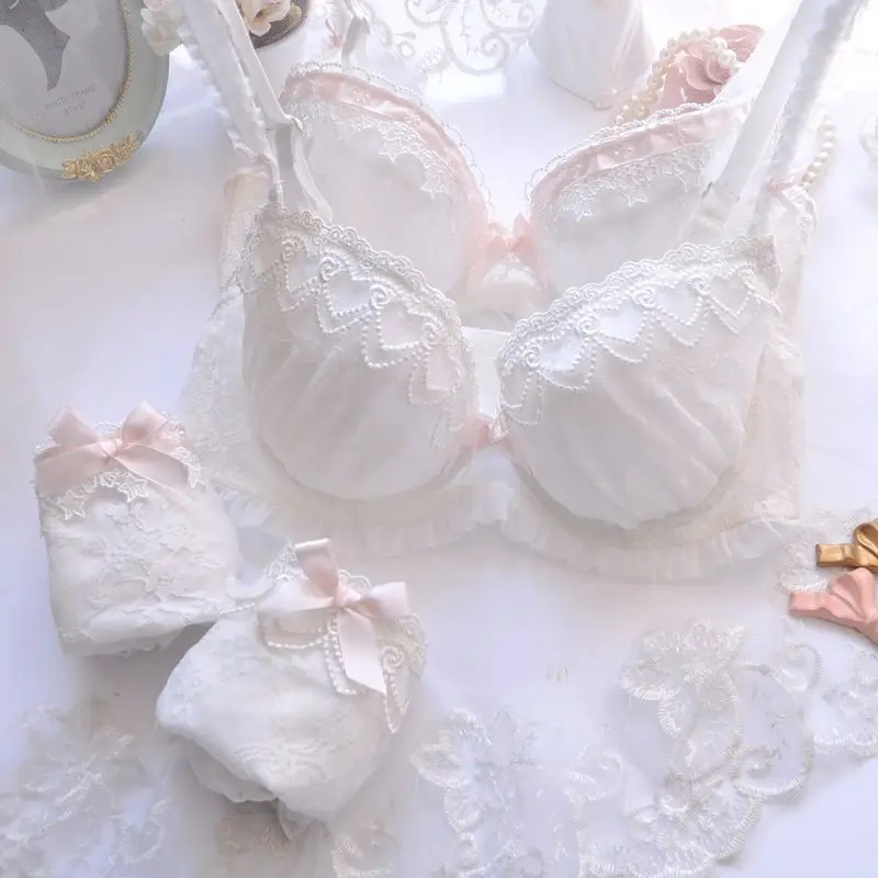 Japanese Girls Brief Sets Cute Gathering Sexy Underwear Set Women\'s White Bra Set Water Soluble Embroidery Thin Cup