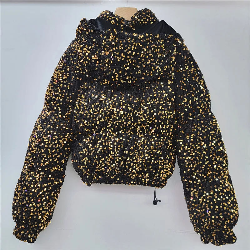 Winter New Gold Sequined Thickened Coats Short Down Cotton Jackets for Women Zipper Bread Jacket Thick Hooded Jacket Female