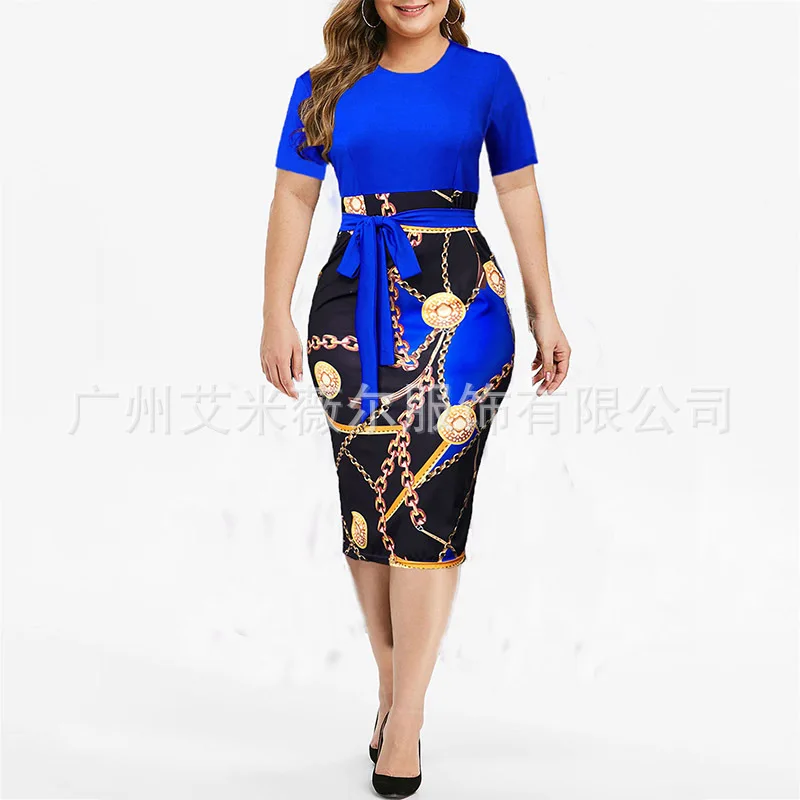 

2026 Spring/Summer New Fashion Pattern Printed Round Neck Short Sleeve Hip hugging Sexy Dress