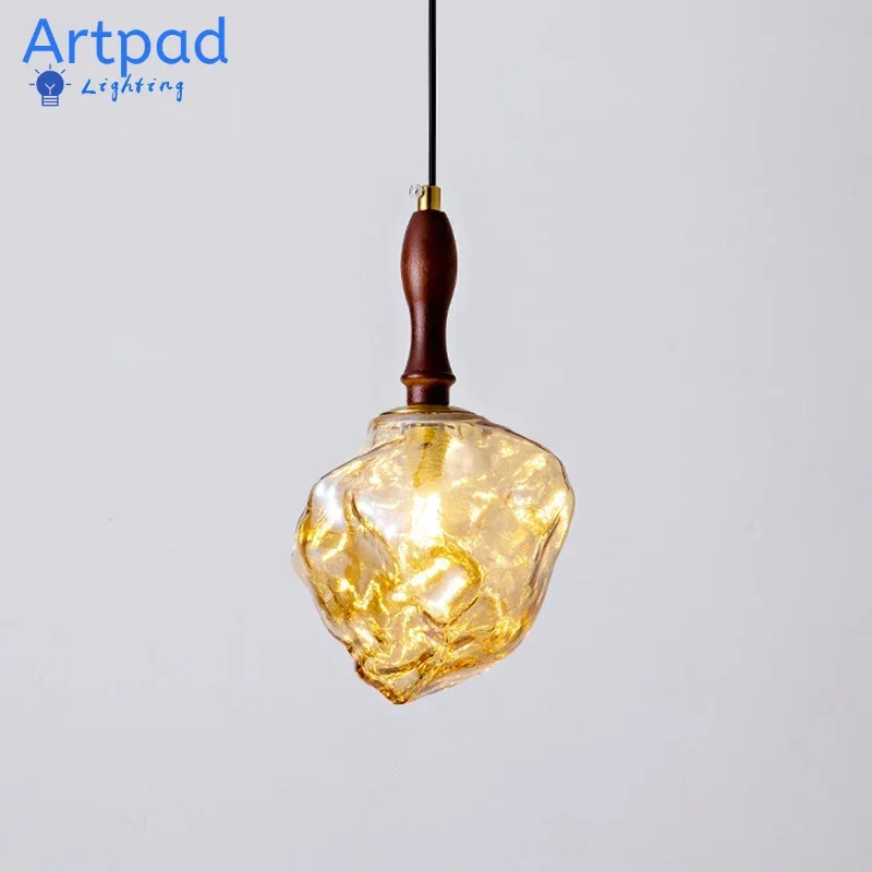 

Bedroom Bedside Glass Light Creative Vintage Ice Block Bar Counter Dining Table Wabi-Sabi Style Wooden Glass Pendant Lamp