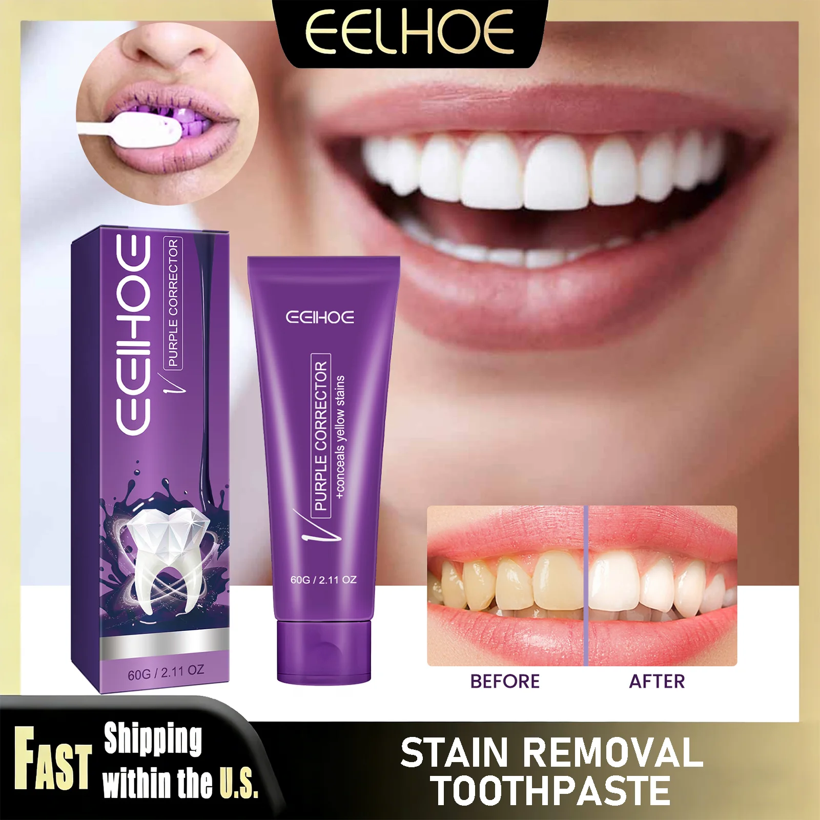 

Зубная паста EELHOE Purple для отбеливания, коррекции цвета, мгновенного осветления, удаления пятен с поверхности зубов, свежего дыхания и ухода за полостью рта