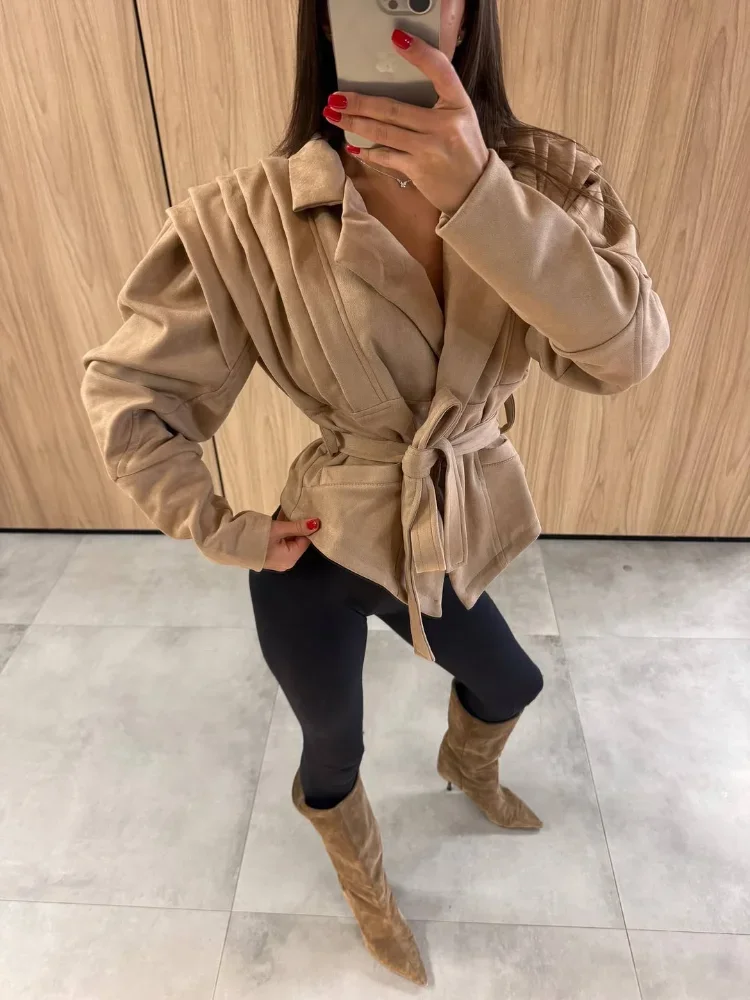 Ladies Lapel Wrap Front Belted Peplum Top Long Sleeve Loose Blouse Tie Waist Slim Fit Shirt 2026 Casual Streetwear Outfit