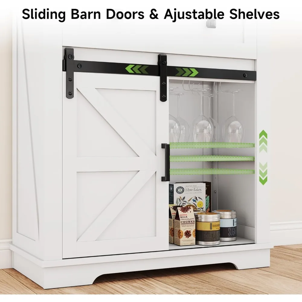 بوفيه خزانة جانبية ريفية مع مساحة تخزين وحامل كأس للنبيذ وباب حظيرة منزلق