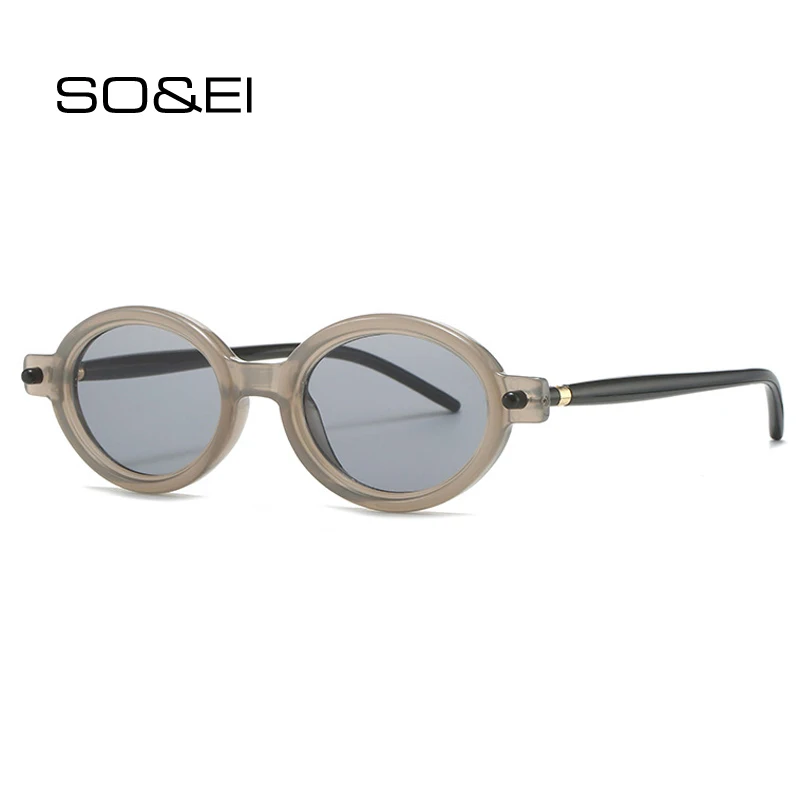 SO&EI owalne dwukolorowe damskie modne okulary przeciwsłoneczne odcienie UV400 Vintage jasnoszare męskie nity okulary przeciwsłoneczne