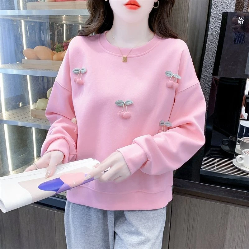 Spring Cherry Graphic Sweatshirt Women Crew Neck Pullover Korean Style Casual Streetwear Harajuku Loose Tops