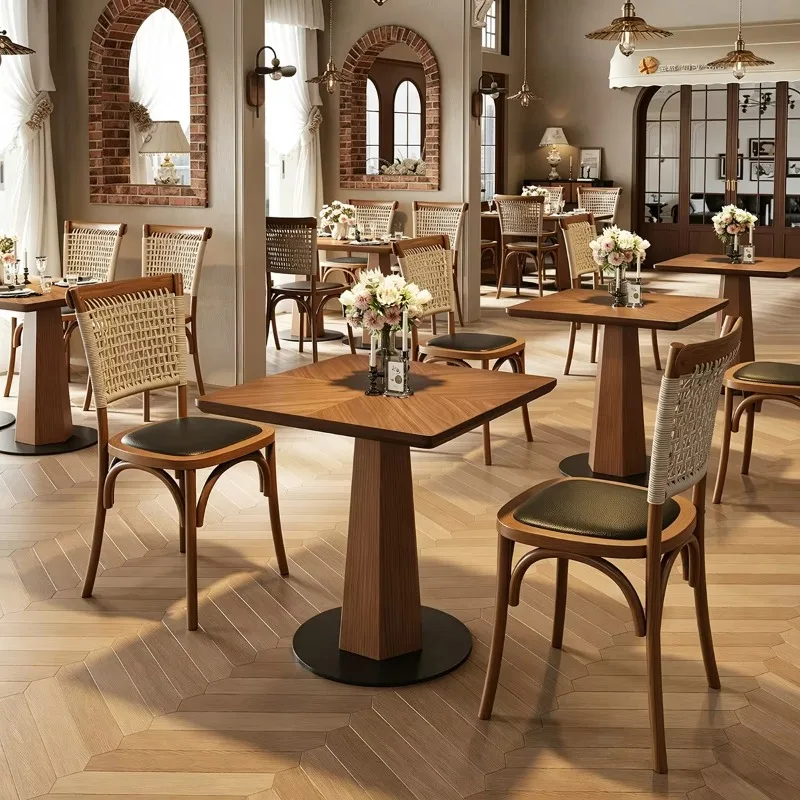 Vintage Commercial Cafe Dining Furniture Set, Solid Wood Square Table & Rattan Back Dining Chairs For Restaurant Bistro Coffee T