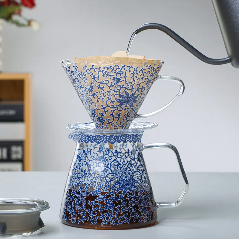 

Blue and White Porcelain Glass Coffee Dripper Set Hand Drip V60 Filter Pot with Flower Paper