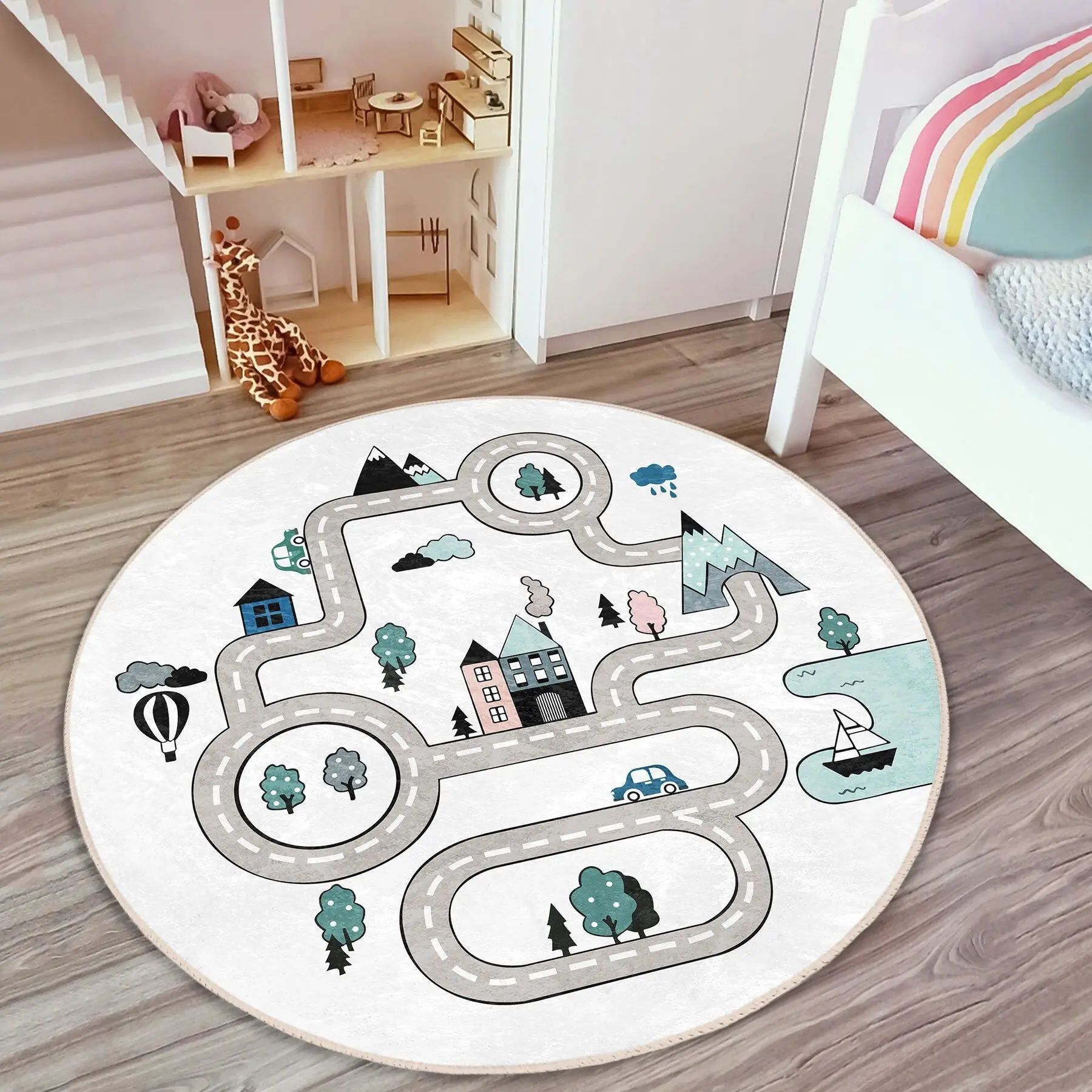 Round Area Rug with City Road Map Cars, Soft for Bedroom Study 80x80cm