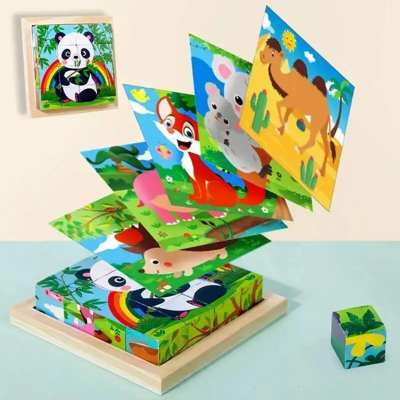 Montessori Wooden Puzzle Six Sides Cartoon Dinosaur Animal Cognitive Wooden Blocks Matching Puzzle Educational Toys