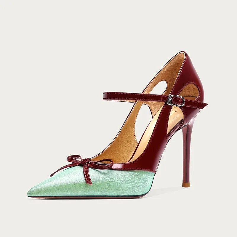 

2026 Новые женские босоножки на шпильке с острым носком и бантом с цветными блоками