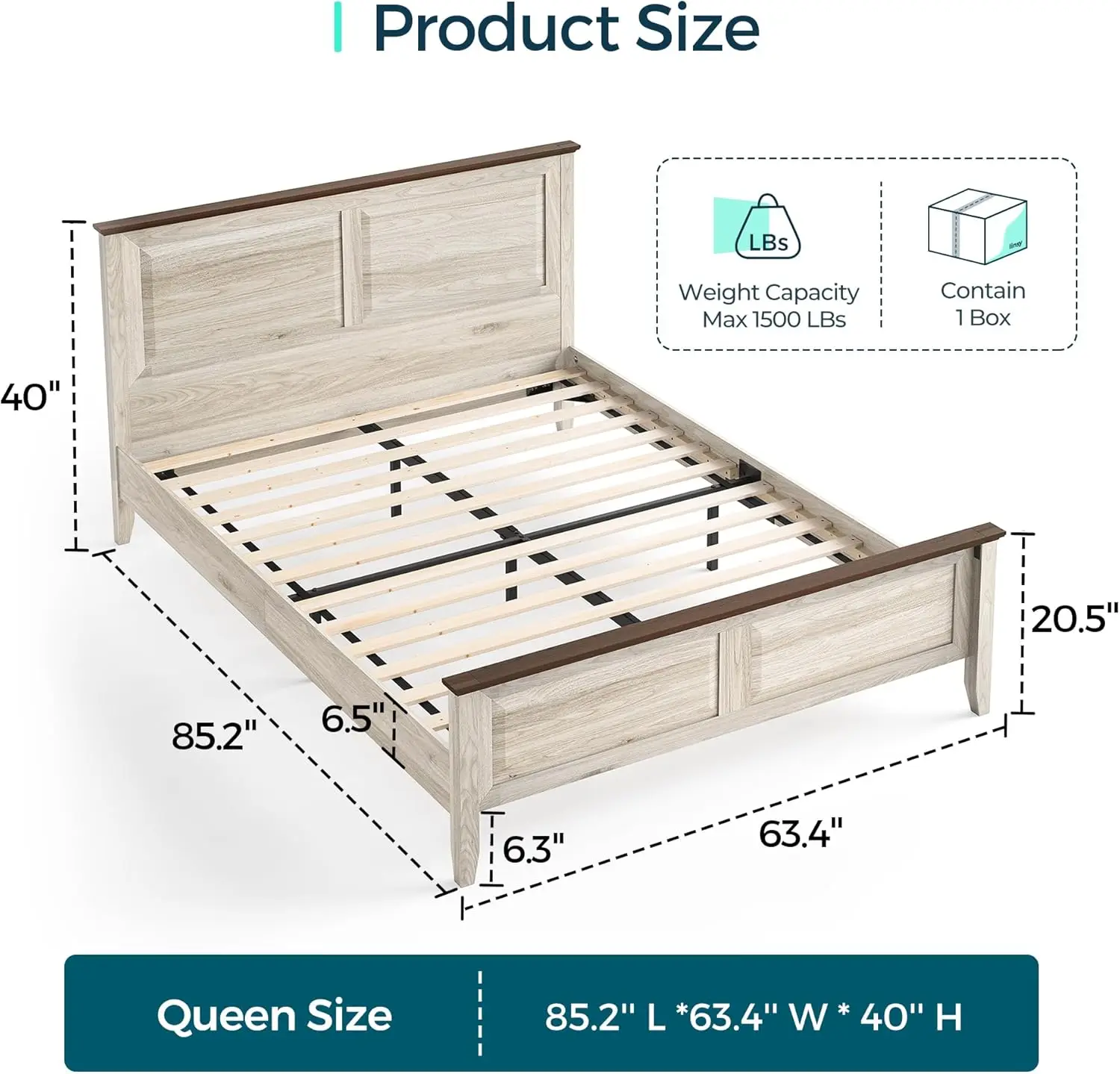 Linsy Wood Queen Bed Frame With Headboard, Farmhouse Bed Frame Queen Size With High Footboard, Wood Bed Fast Assembly,