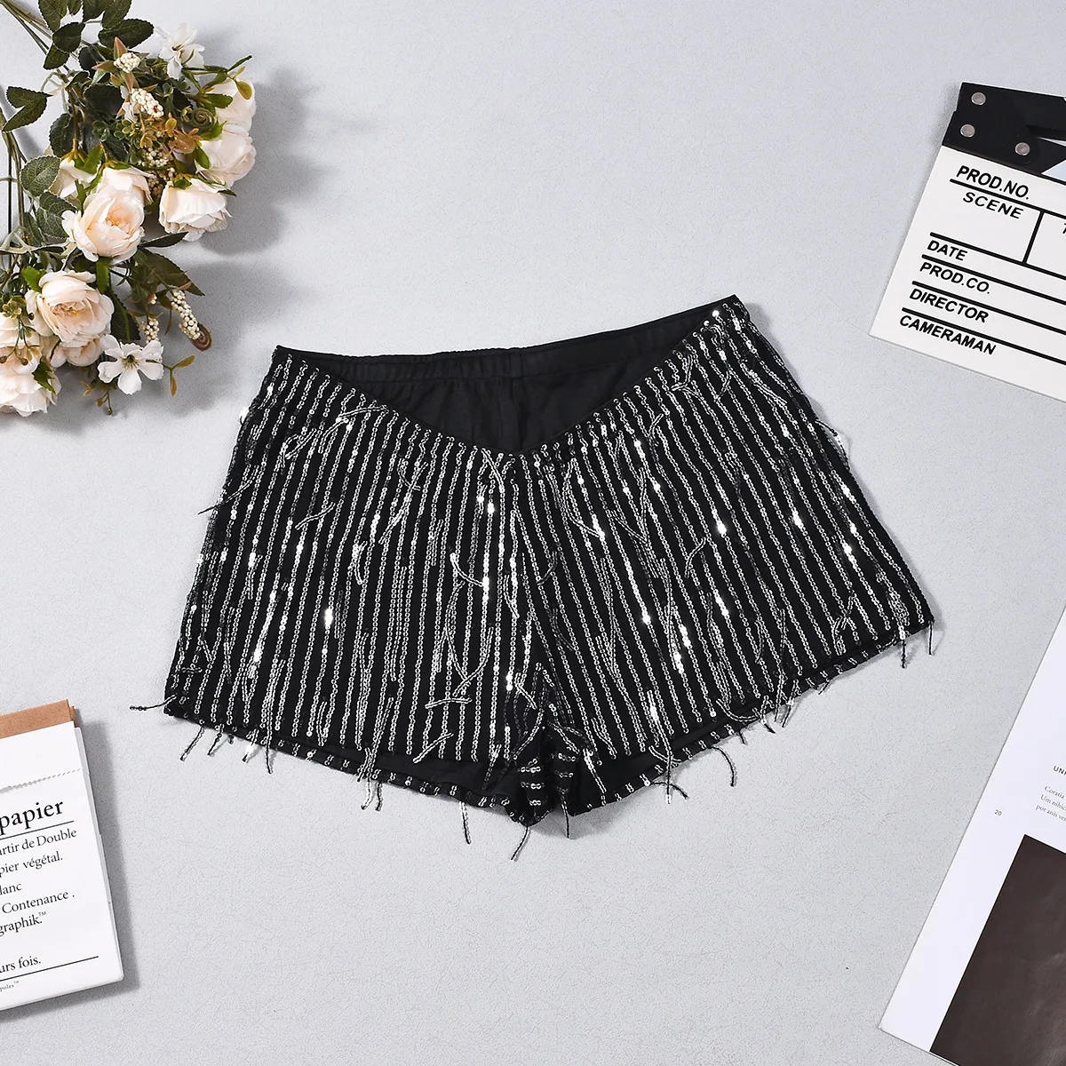 

New Black Sequins Fringed Low-rise Hot Pants Women