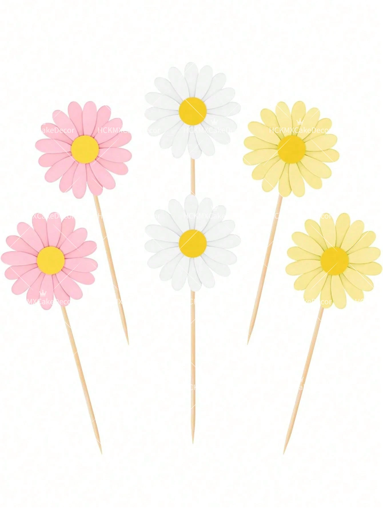 5 Stück Gänseblümchen-Cupcake-Topper in Rosa, Weiß und Gelb, Gänseblümchen-Kuchendekoration für Geburtstag, Hochzeit, Party, Kuchendekorationen und Zubehör – Detail 1