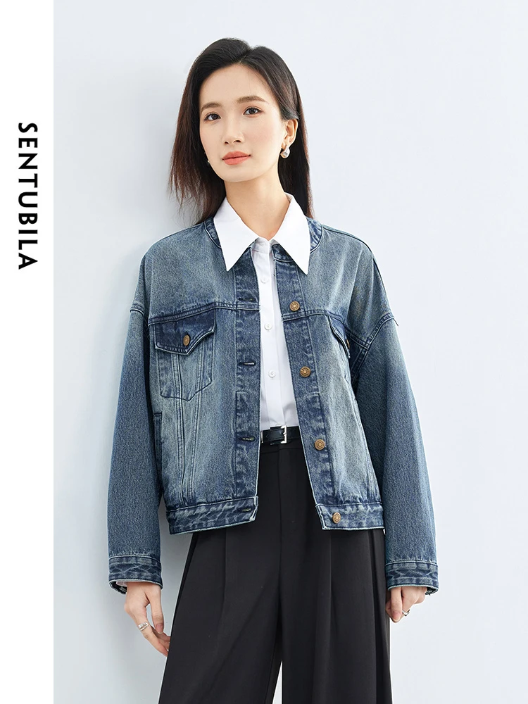 SENTUBILA Women's Short Denim Jacket 2025 Autumn Hip-hop Style Loose Round Neck Cotton 100% Cropped Jean Jacket W41W53220