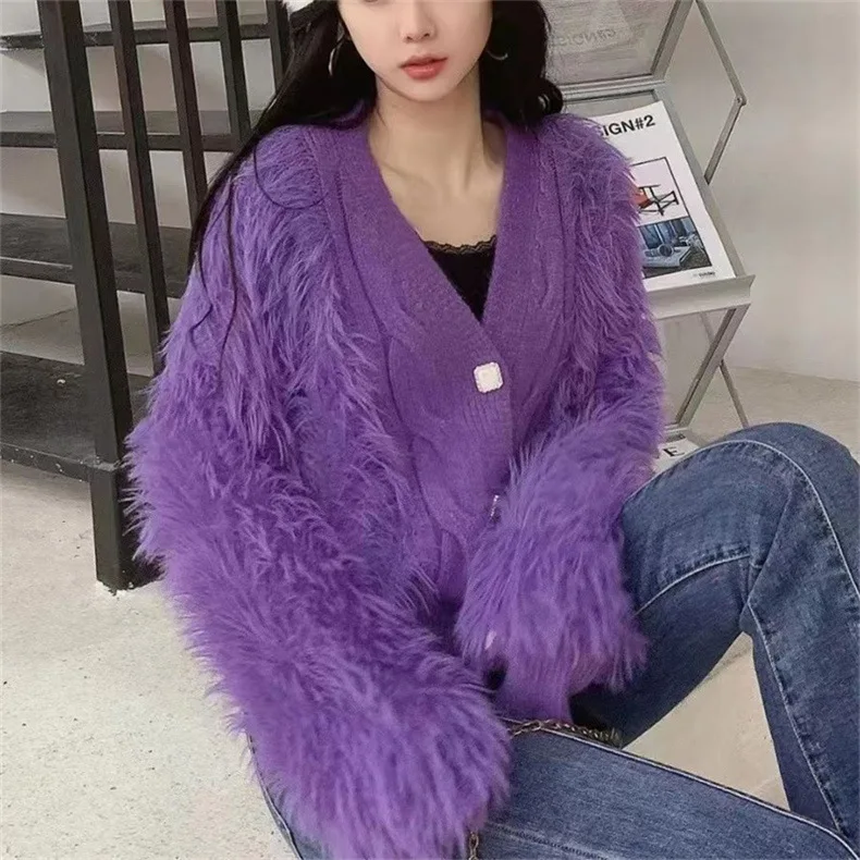 Cardigan Imitation Mink Velvet Knitted Autumn and Winter New Loose Solid V-neck Sweater Women Coat