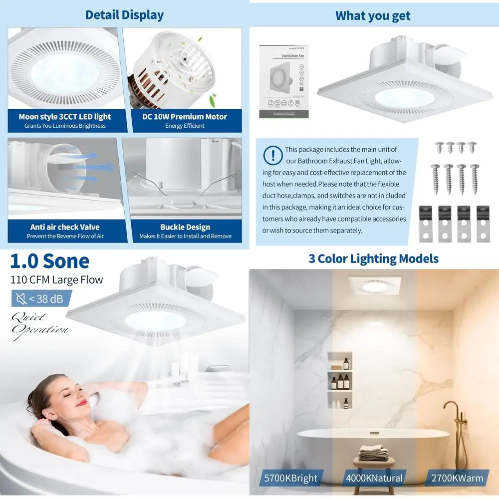 

Потолочный тихий вытяжной вентилятор для ванной комнаты объемом 1,0 сторон 110 куб. футов в минуту со светодиодной подсветкой, регулируемая 3-цветная температура для дома, ванны, выключения