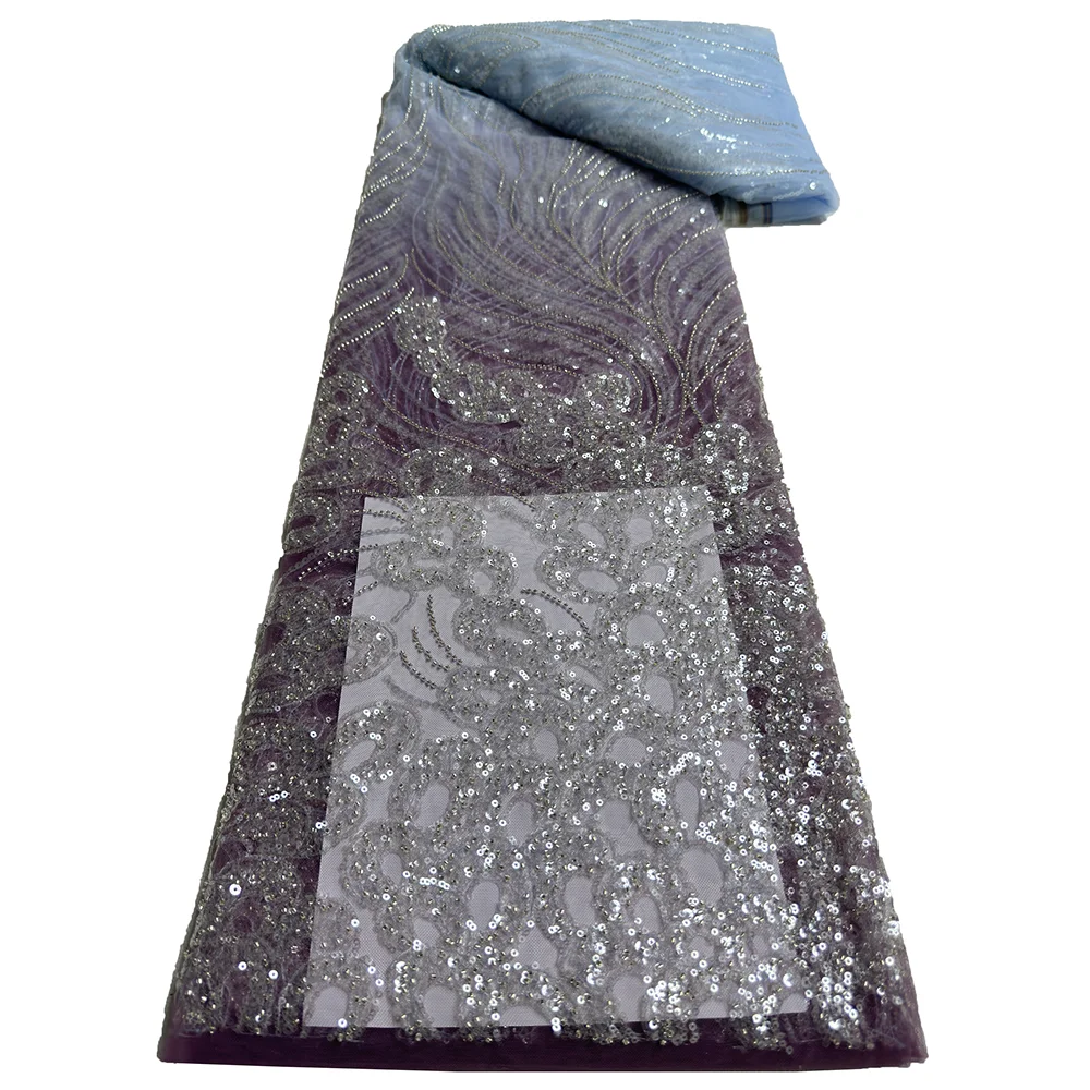 

Tulles Lace Fabric 5 yards high quality Feather Wave Pattern Tambour Lace Sequin & Bead Wedding Dresses Gradient lace fabric