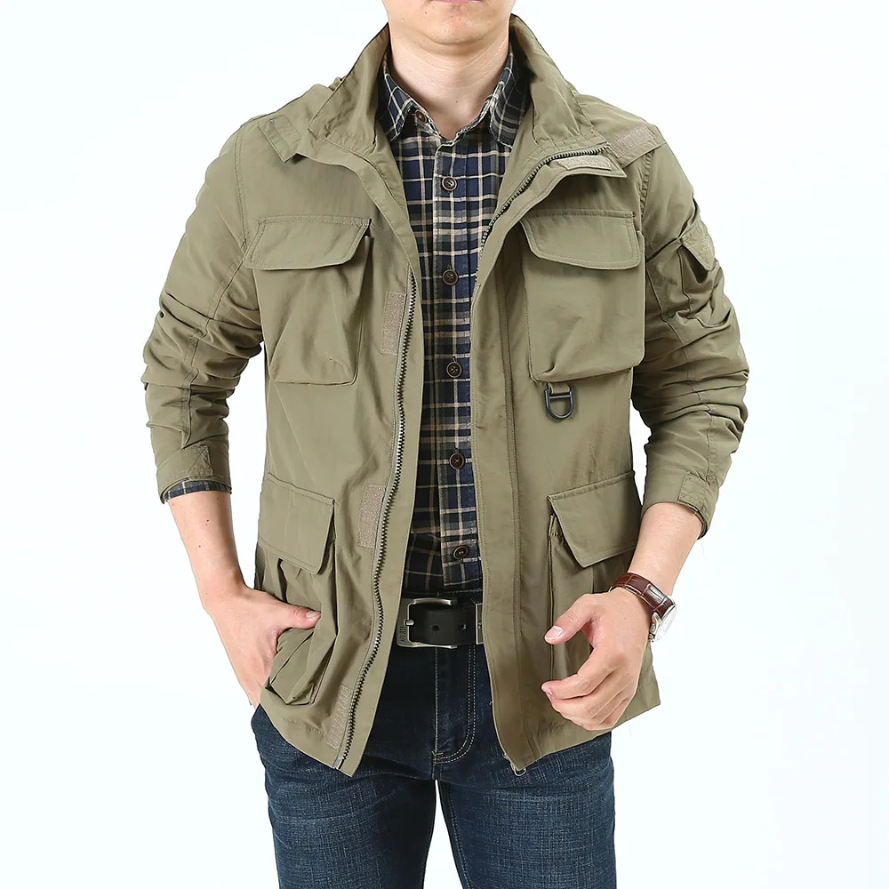 2026 New Men's Detachable Hat Windbreaker Jacket Spring Autumn Windproof Waterproof Multi-Pocket Outdoor Fashionable Workwear