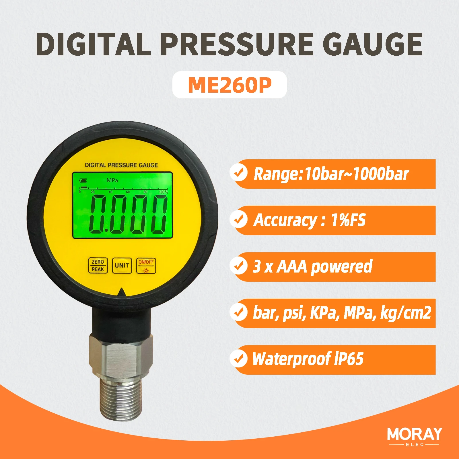 Moray ME260P 4-20Ma IP65 Battery Powered Low Consumption LCD Test Instruments Digital Pressure Gauge